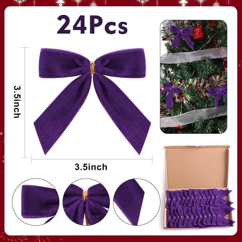 Utehilly 24 Pcs Purple Small Velvet Christmas Bows for Christmas Tree, Wreath, Gift Wrapping, Crafts, Wedding, Party, Twist Tie Bows for Treat Bag Bakery Candy Bags, Home Decor 1" W,3.5 x 3.5 inch - Image 3